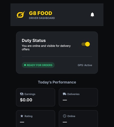 G8 Food driver app: dashboard, online and ready for orders